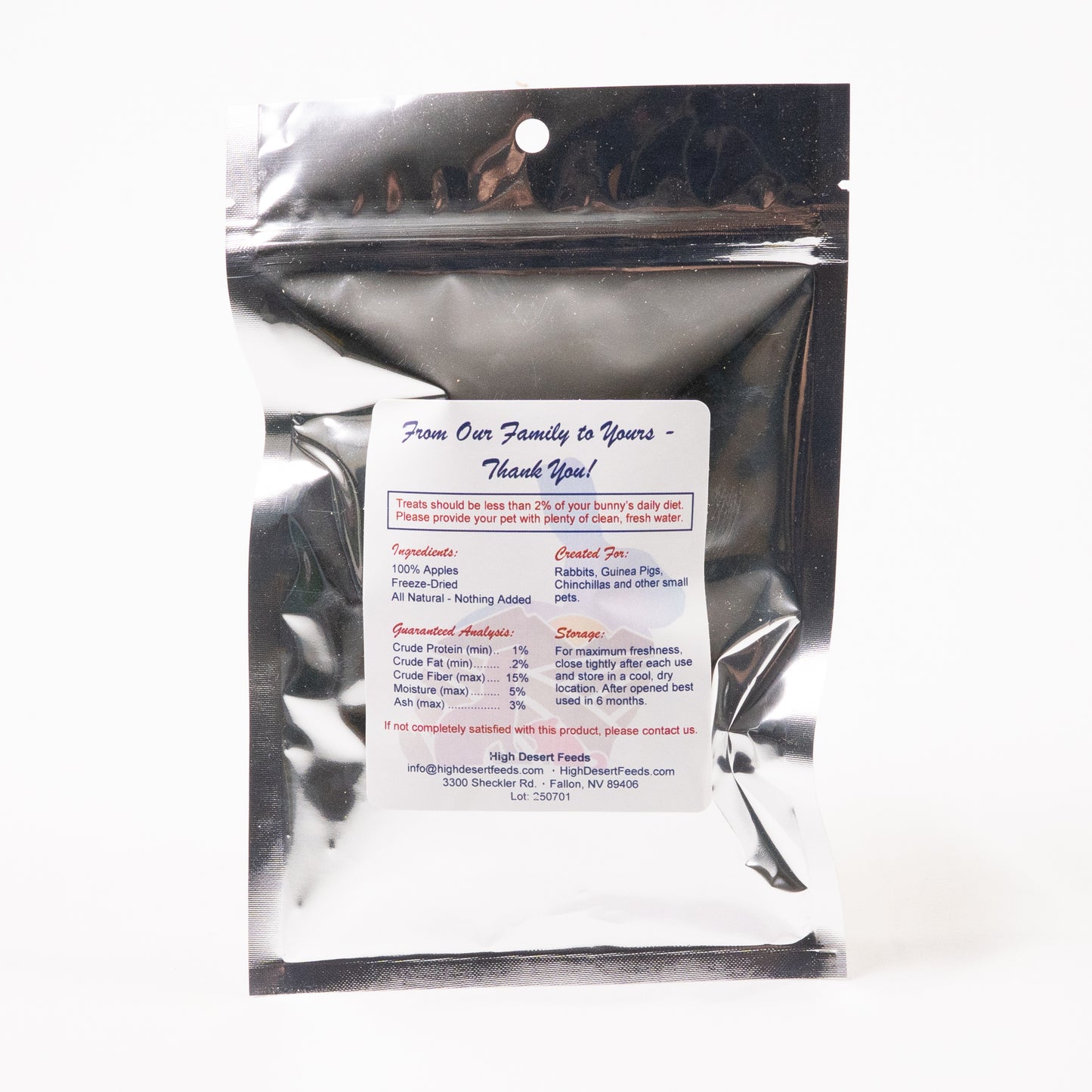 Freeze-dried apple pieces in 5 oz clear pouch for small animals