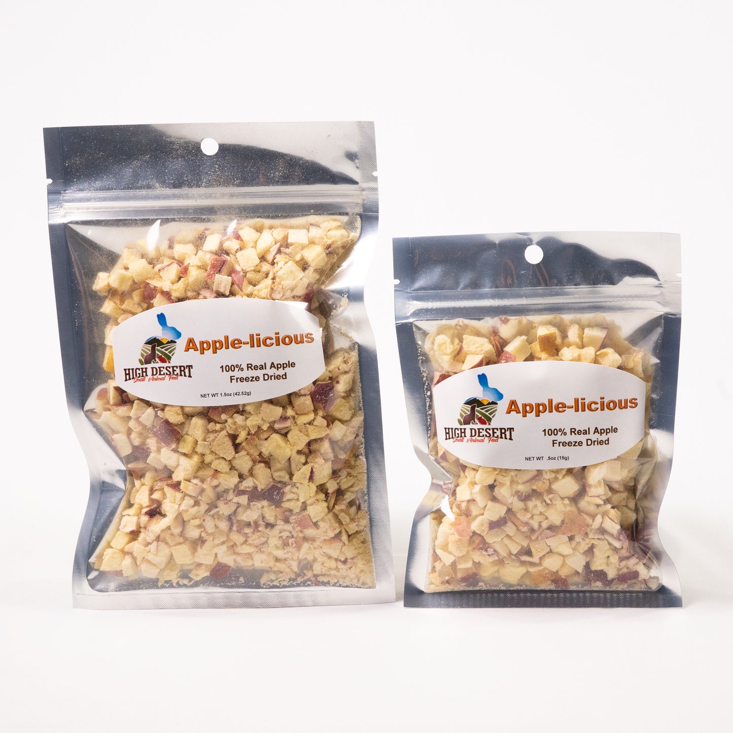 Freeze-dried apple pieces in 5 oz clear pouch for small animals
