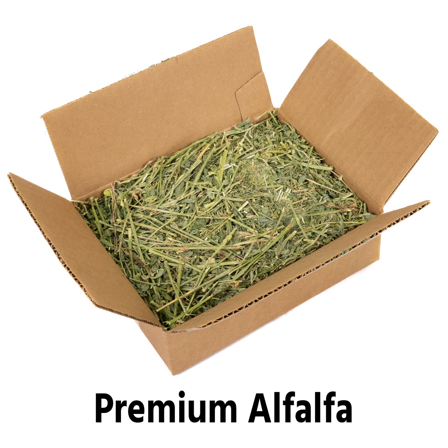 Open sample box of Timothy, Alfalfa and Orchard pellets and hay 8 oz each