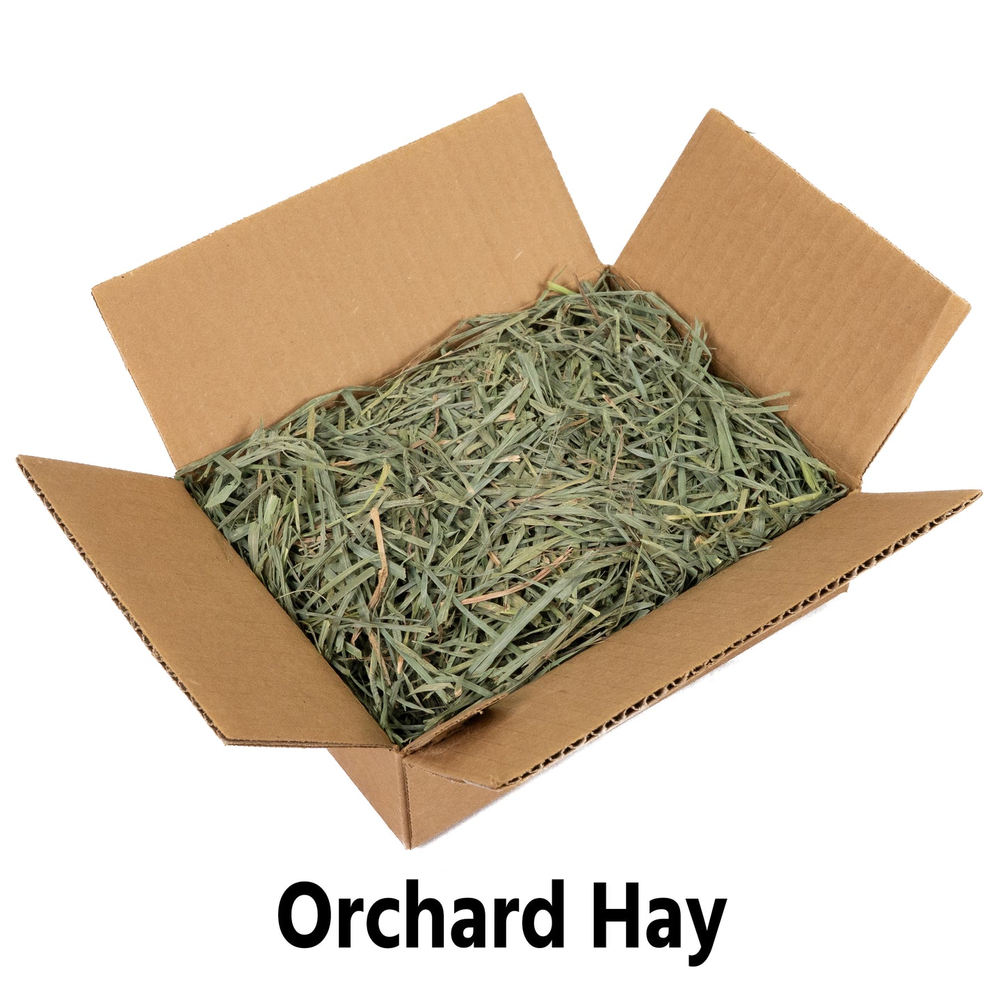 Open sample box of Timothy, Alfalfa and Orchard pellets and hay 8 oz each