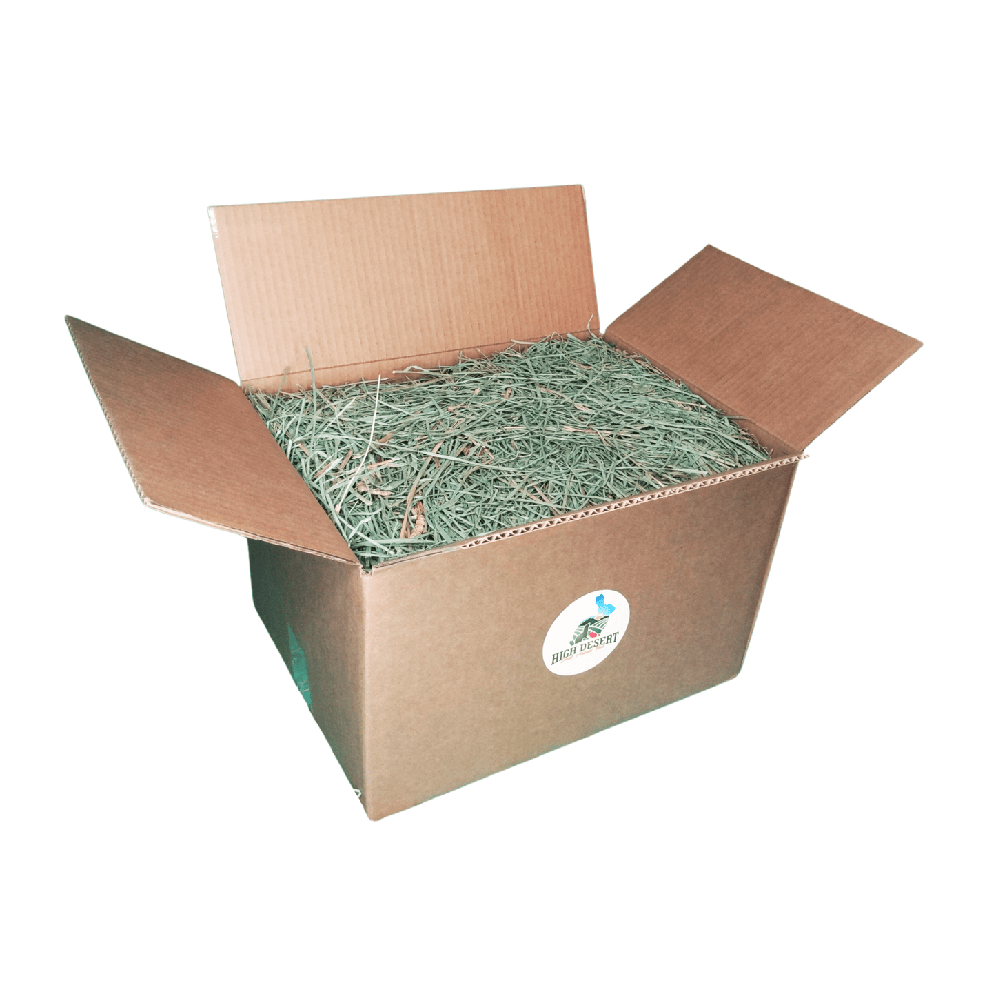 Open cardboard box filled with green hay.