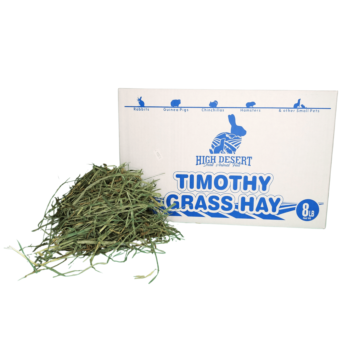 Box of Timothy grass hay with a pile of hay.
