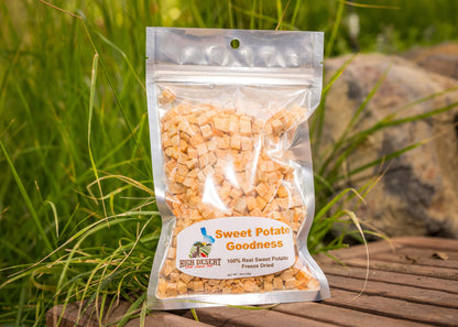 Package of High Desert Sweet Potato Goodness on a wooden surface with grass in the background