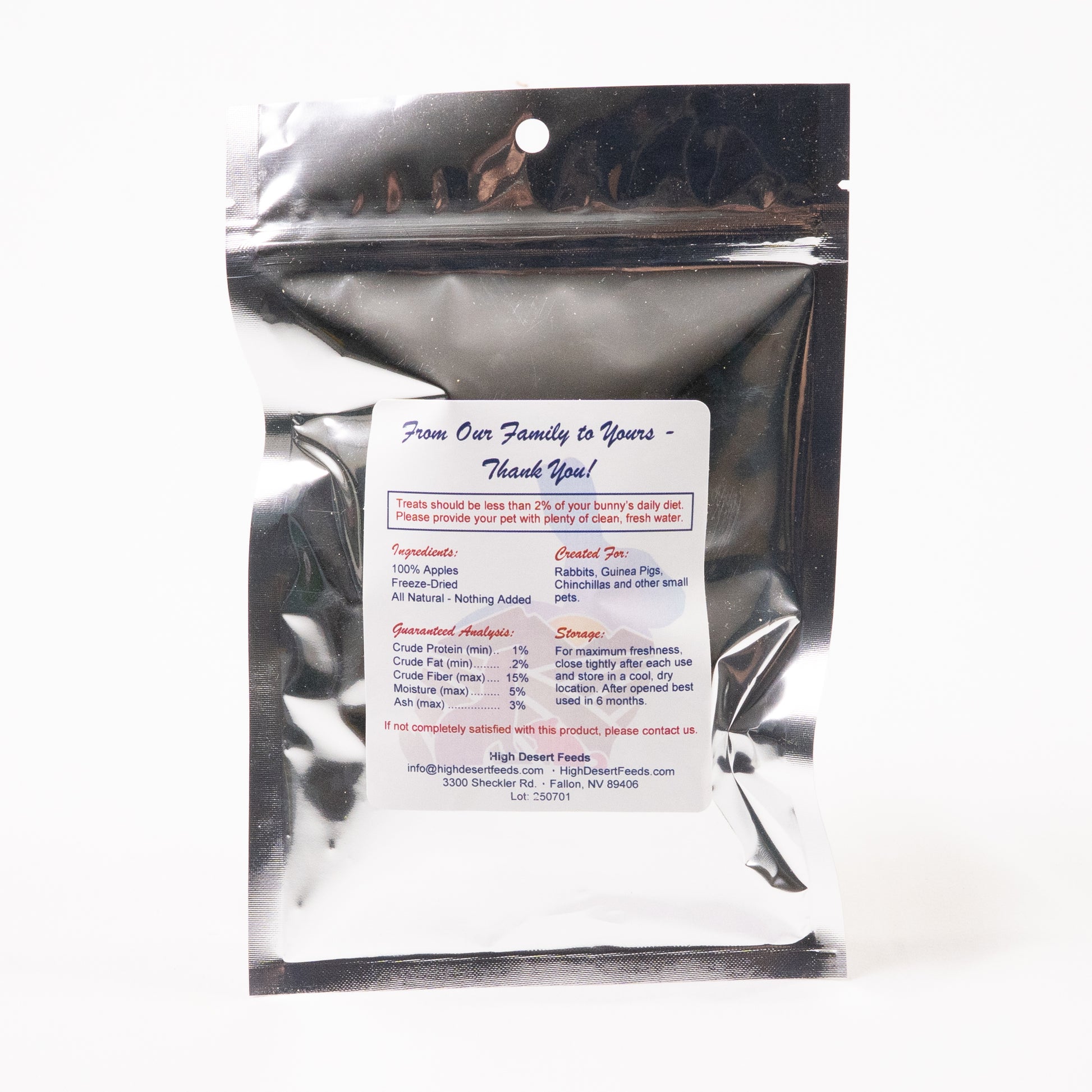 Freeze-dried apple pieces in 5 oz clear pouch for small animals