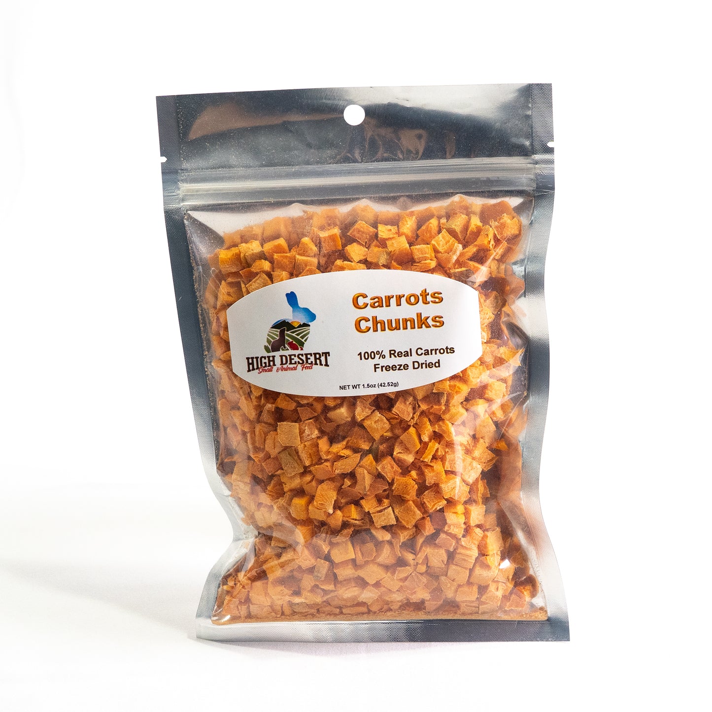 Freeze-dried carrot pieces in 5 oz High Desert Feeds pouch