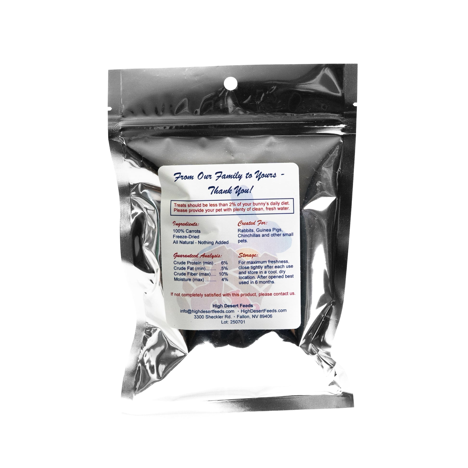 High Desert Feeds freeze-dried carrots 5 oz packaging