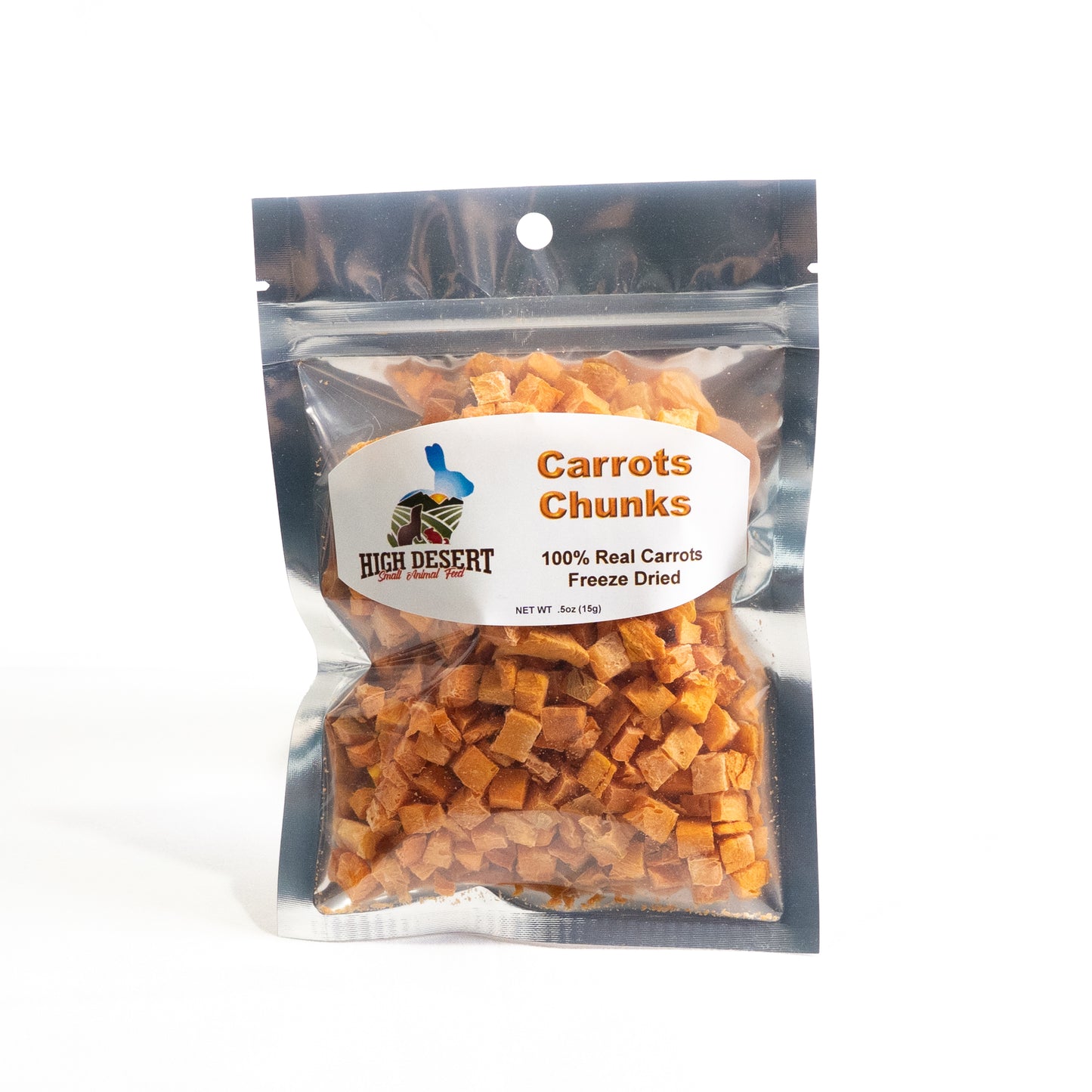 Freeze-dried carrot pieces in 5 oz High Desert Feeds pouch