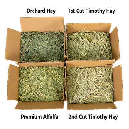 Hay & pellet sampler box – Timothy hay, orchard grass hay, alfalfa & pellet mixes