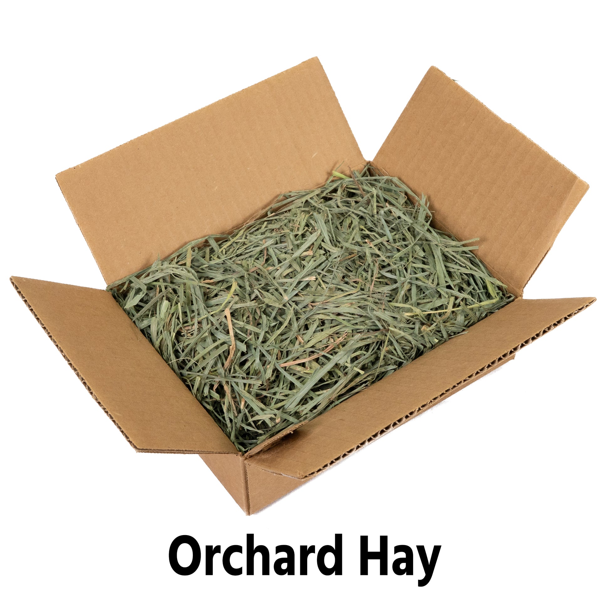 Open sample box of Timothy, Alfalfa and Orchard pellets and hay 8 oz each